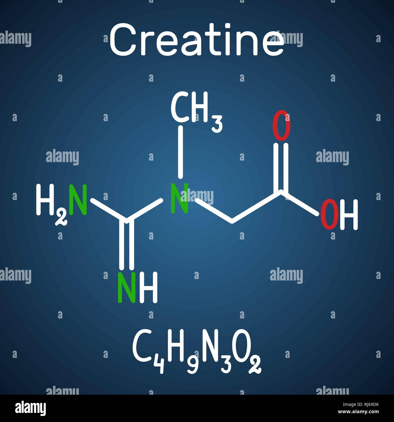 Molécule de créatine. Formule chimique et structurale de la molécule modèle, fond bleu foncé. Vector illustration Illustration de Vecteur