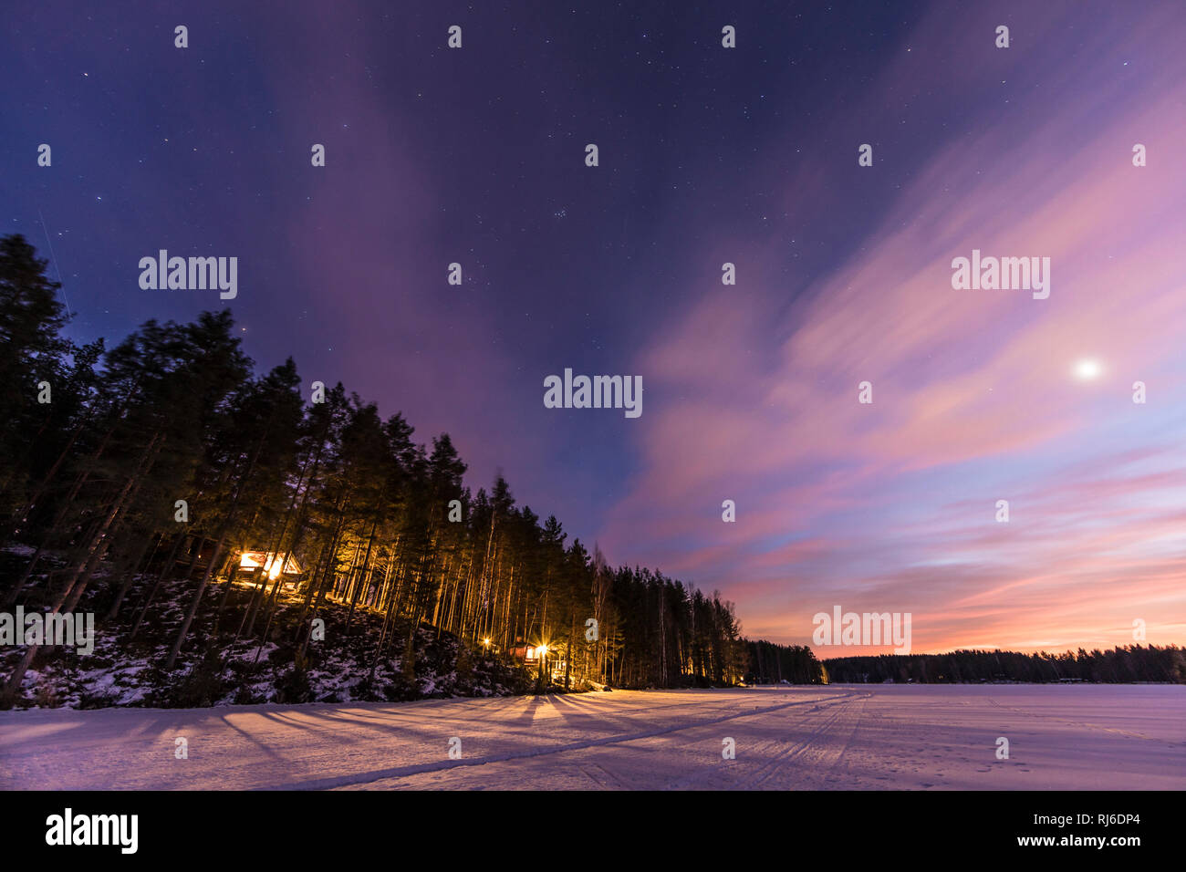 Finnland, Saimaa-Gebiet, Abendhimmel mit Bäumen und Schnee und auf voir Vénus Banque D'Images