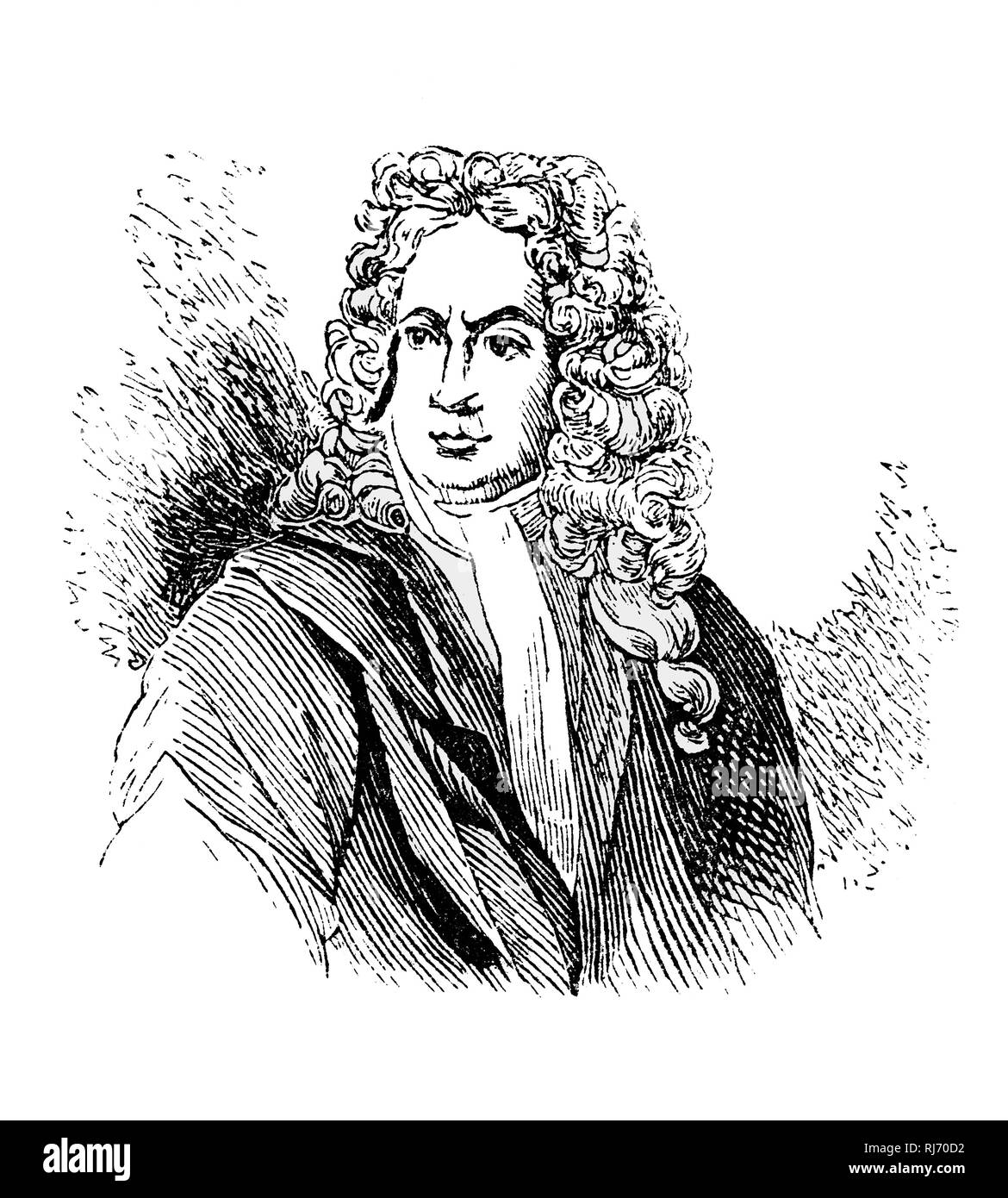 John Dennis (1658- 1734) était un dramaturge et critique. Il est devenu indépendant temporairement en héritant d'une petite fortune et s'est consacré à la littérature.Il fait la connaissance de Dryden, et à proximité de Wycherley, Congreve et les principaux personnages littéraires de son époque et est mieux connu comme le porte-parole de premier plan de sa génération, et comme un pionnier du concept de la sublime comme une qualité esthétique. Banque D'Images