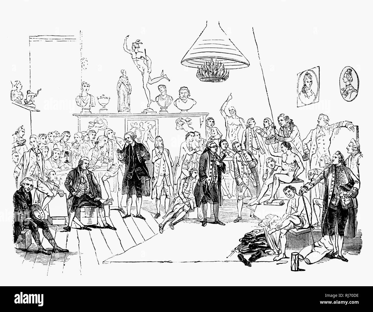 Artistes et modèles de la Royal Academy of Arts (AR) au cours du 18e siècle. Le succès de William Hogarth dans l'utilisation de l'enfant trouvé à l'hôpital donner rapidement l'endroit idéal pour des artistes contemporains en Grande-Bretagne, a conduit à la formation de la Société des artistes de Grande-Bretagne et la société libre des artistes. Ces deux groupes ont été principalement marquée par les sociétés exposantes factions internes parmi les artistes. La vision de l'éducation et de l'exposition d'établir une école nationale de l'art définir l'Académie royale de l'autre des sociétés exposantes. Banque D'Images
