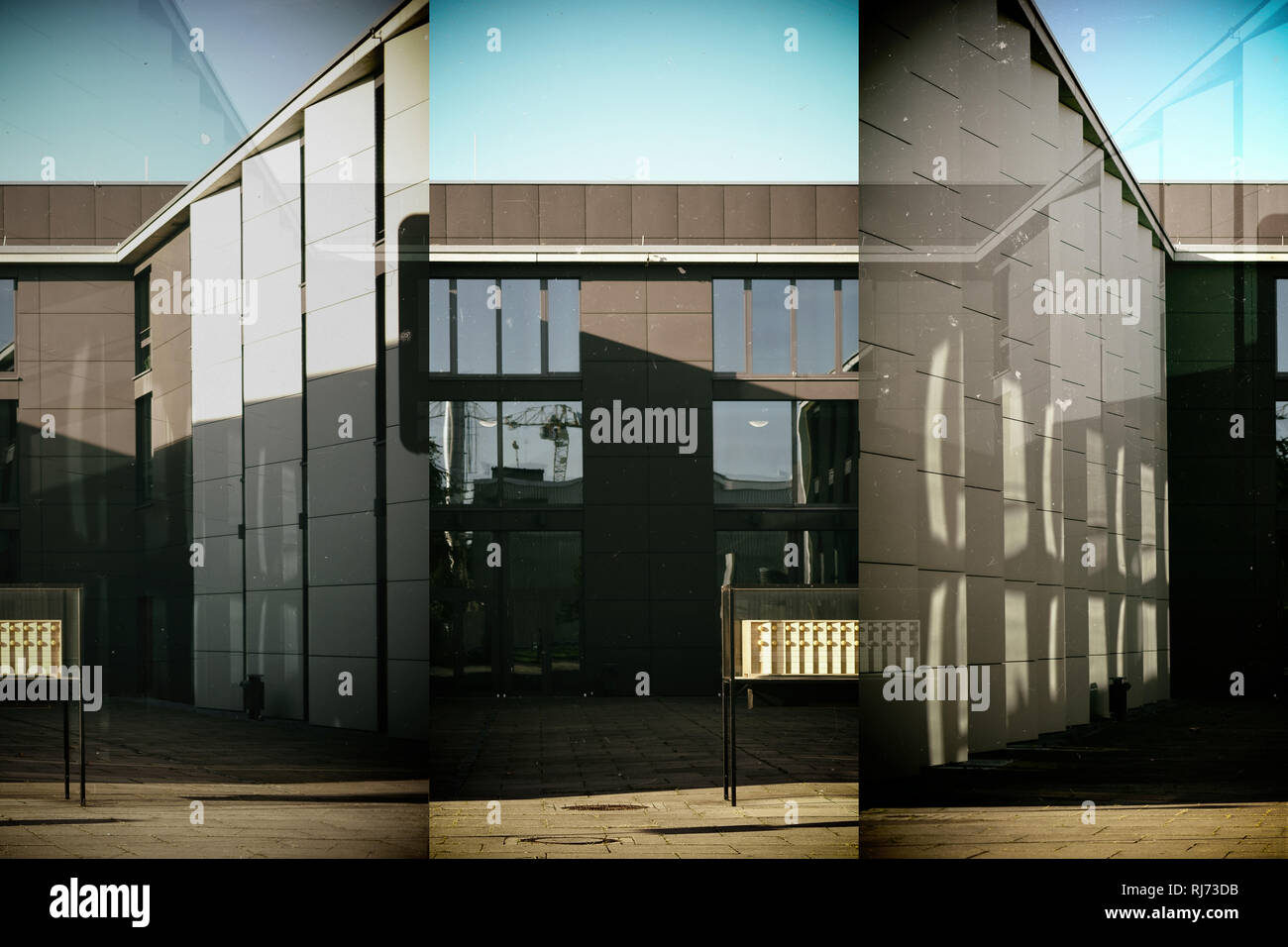 Abstrakte Collage der modernen Gebäude der Musikhochschule auf dem Gelände der Universität Johannes Gutenberg à Mayence, Banque D'Images