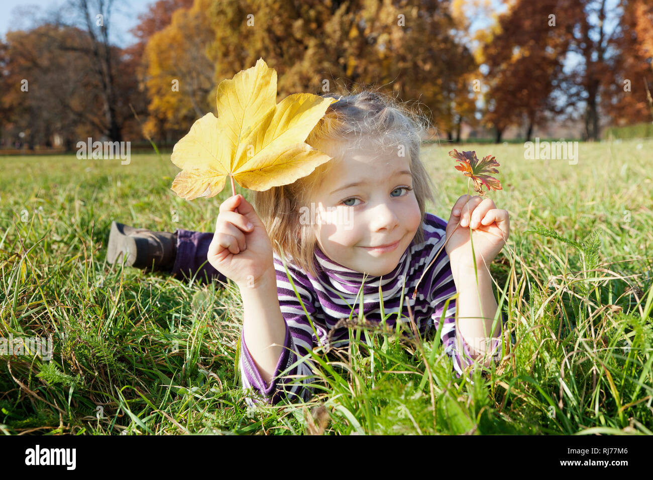 Siebenjähriges Herbstblatt dans Mädchen mit einem der Hand Banque D'Images
