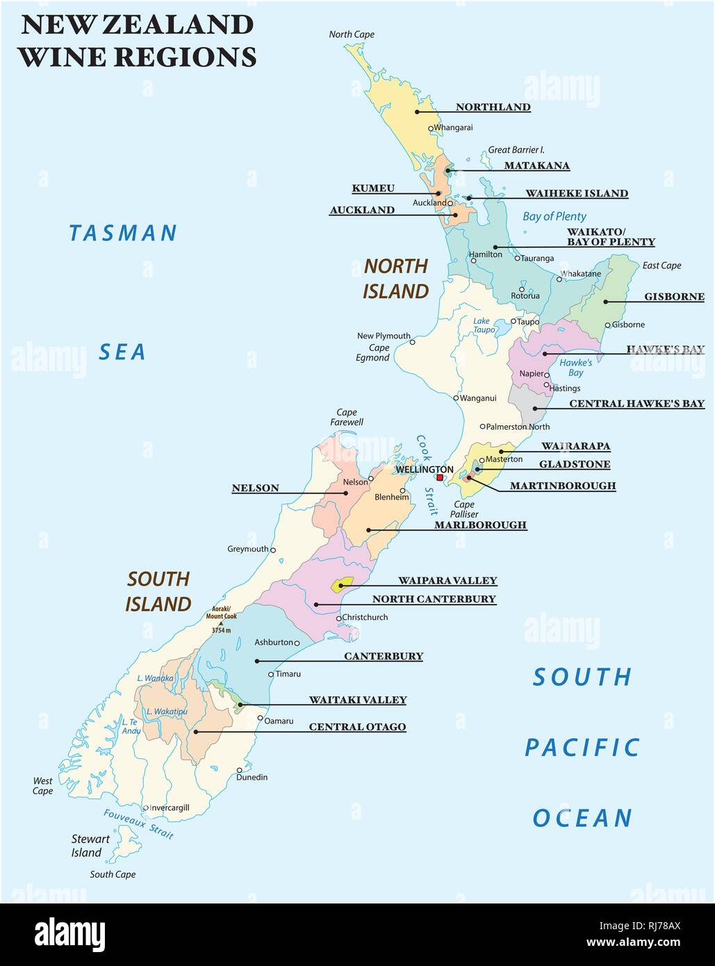 Carte vectorielle avec les plus importantes régions viticoles de Nouvelle-Zélande Illustration de Vecteur