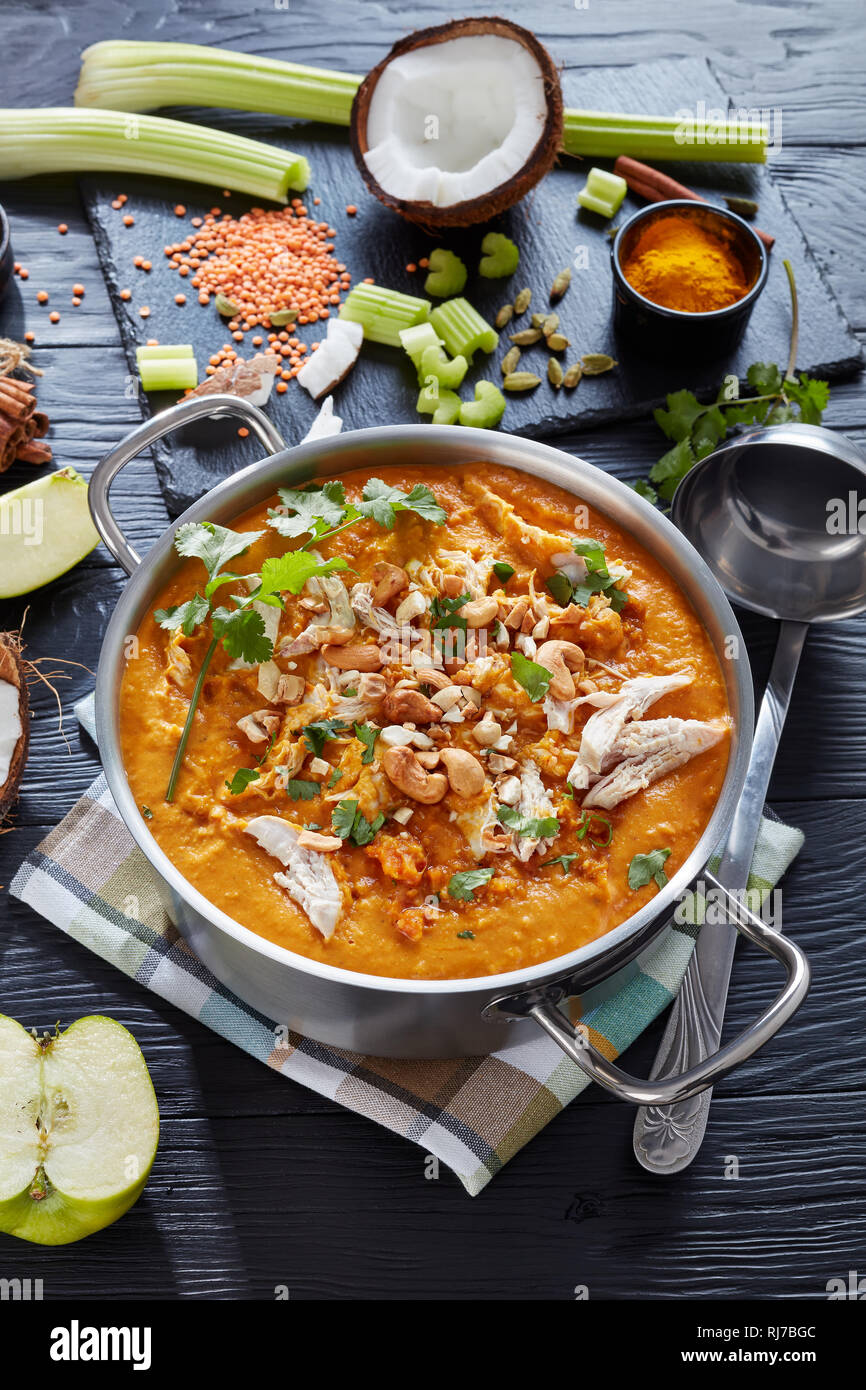 Soupe Mulligatawny épicé copieux avec de la viande de poulet frit arrosé avec dans un chaudron de cajou sur une table en bois noir, indien et une cuisine anglaise traditionnelle, vert Banque D'Images