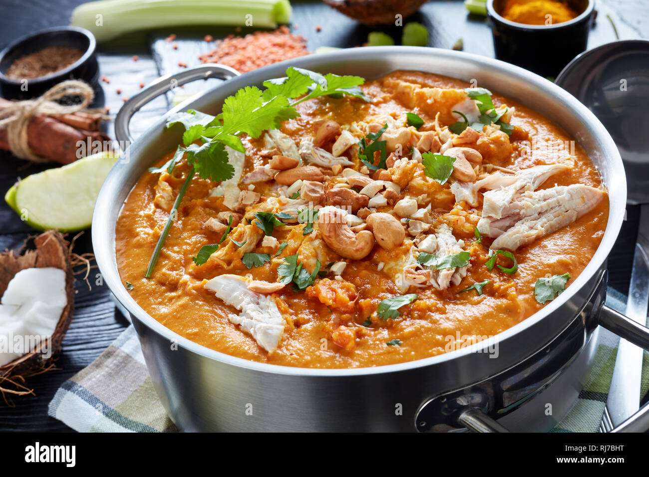 Soupe Mulligatawny épicé copieux avec de la viande de poulet frit arrosé avec dans un chaudron de cajou sur une table en bois noir avec des ingrédients, Affaires indiennes et l'engl Banque D'Images