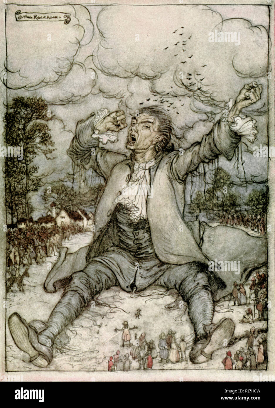 'Gulliver, libéré des cordes, se lève et s'étire lui-même.' Par Arthur Rackham (1867-1939). « Gulliver's Travels », ou « Travels in multiple Remote Nations of the World. En quatre parties. Par Lemuel Gulliver, d'abord un chirurgien, puis un capitaine de plusieurs navires est une prose satire par l'écrivain irlandais et le clergyman Jonathan Swift. Première publication 1726. Banque D'Images