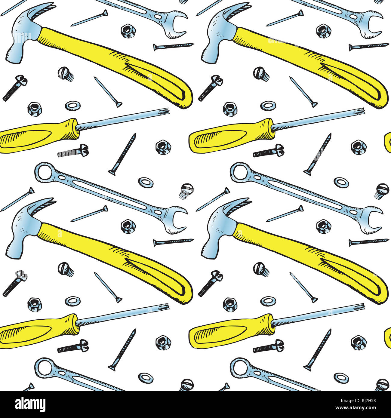 Yellow marteau, tournevis, clé dynamométrique avec boulon, écrou, rondelle, clou et vis, seamless pattern design, hand drawn doodle, sketch dans un style pop art Banque D'Images