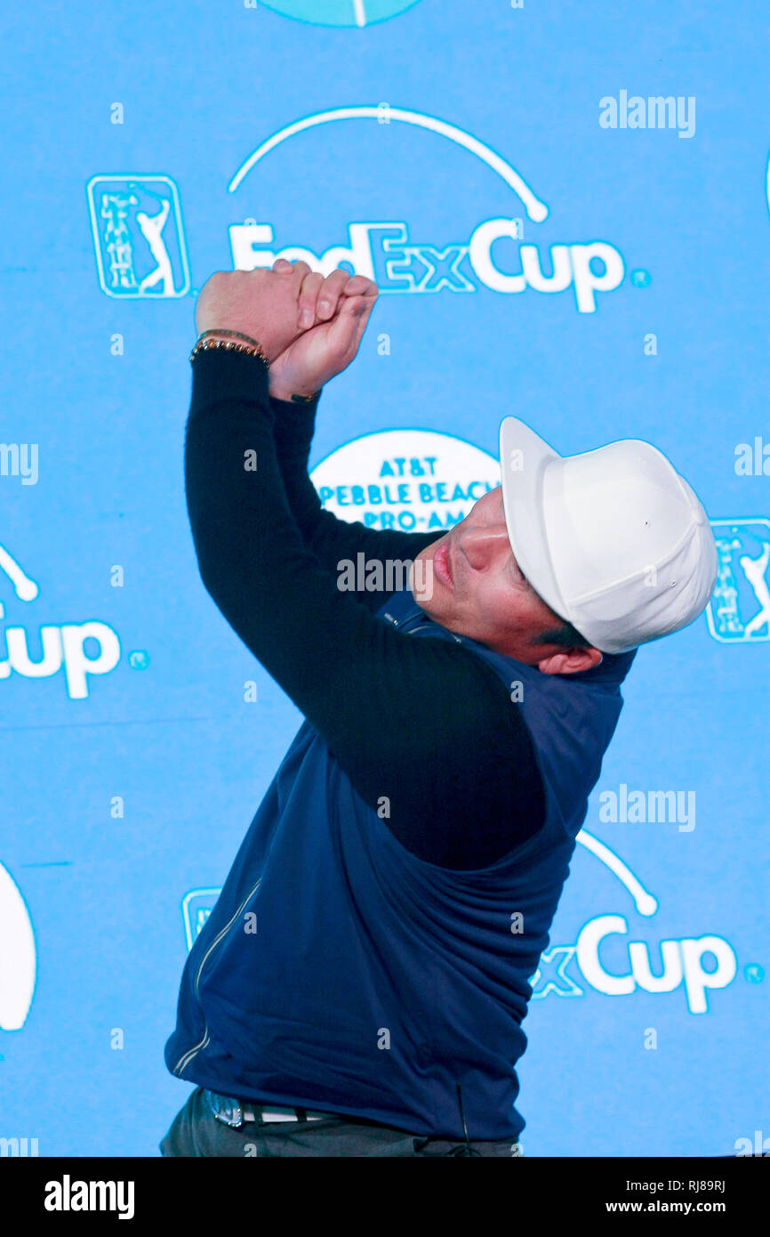 Plage de galets Beach Golf Links, CA, USA. Feb, 2019 5. Ho Sung CHOI (CORÉE DU SUD) parle à la presse au sujet de sa carrière et étrange oscillation de golf avant le début de l'AT&T Pro-Am à Pebble Beach Golf Links Credit : Motofoto/Alamy Live News Banque D'Images