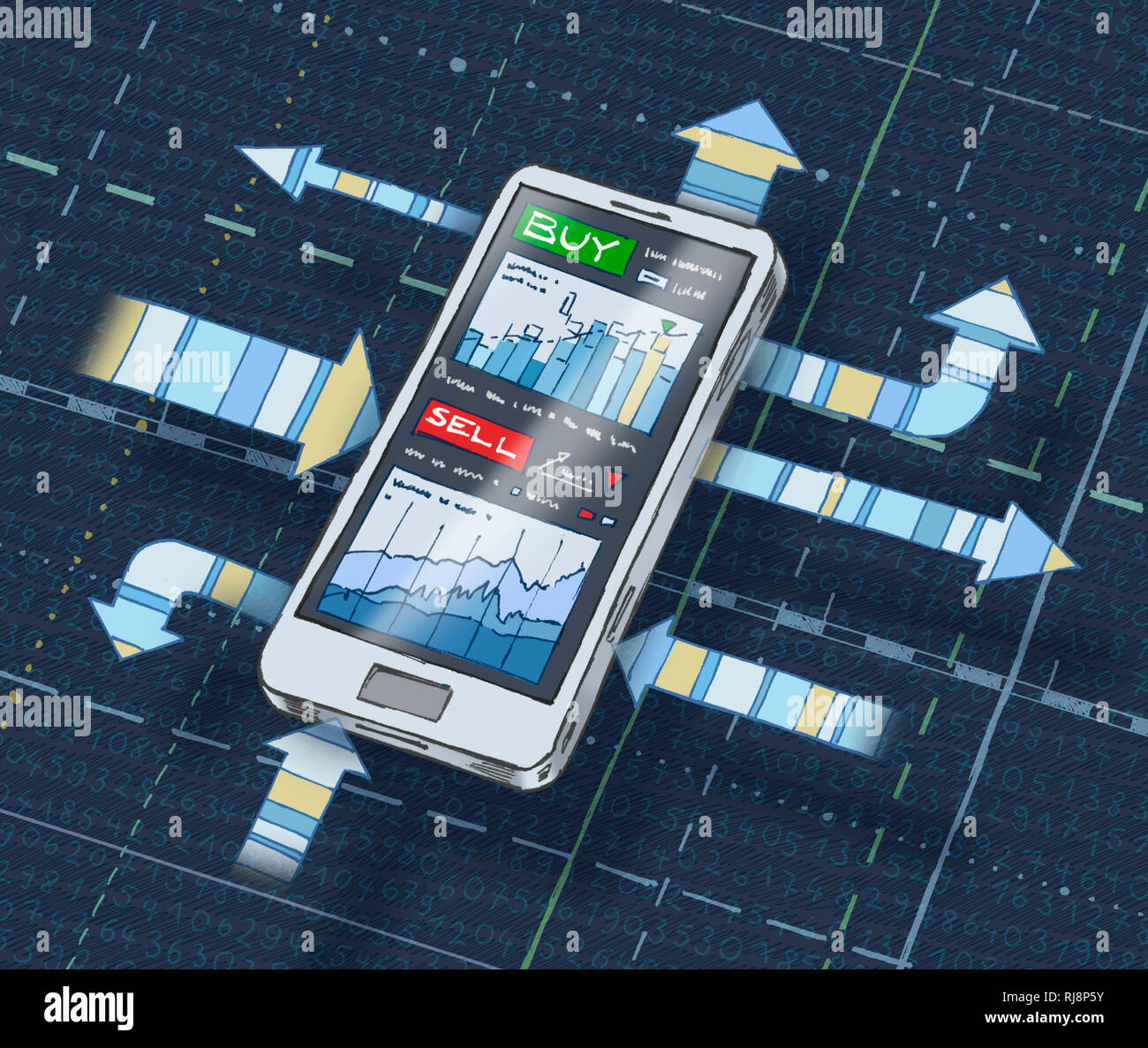 Illustration eines Pfeilen Koordinaten-Linien Smartphones mit und im Hintergrund sowie Erwerb Finanzcharts Verkaufbutton- und im Afficher, dunkelblauer H Banque D'Images