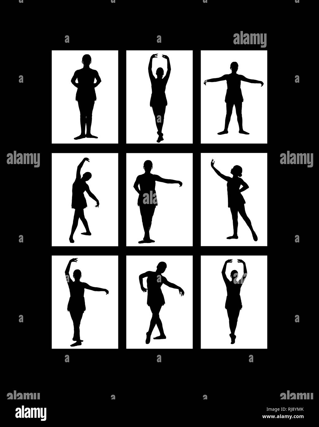 Neuf des images dans l'image - silhouette noire de jeunes femmes de l'adolescence sur fond blanc dans diverses poses de ballet classique et contemporain - pré pointe dans Banque D'Images