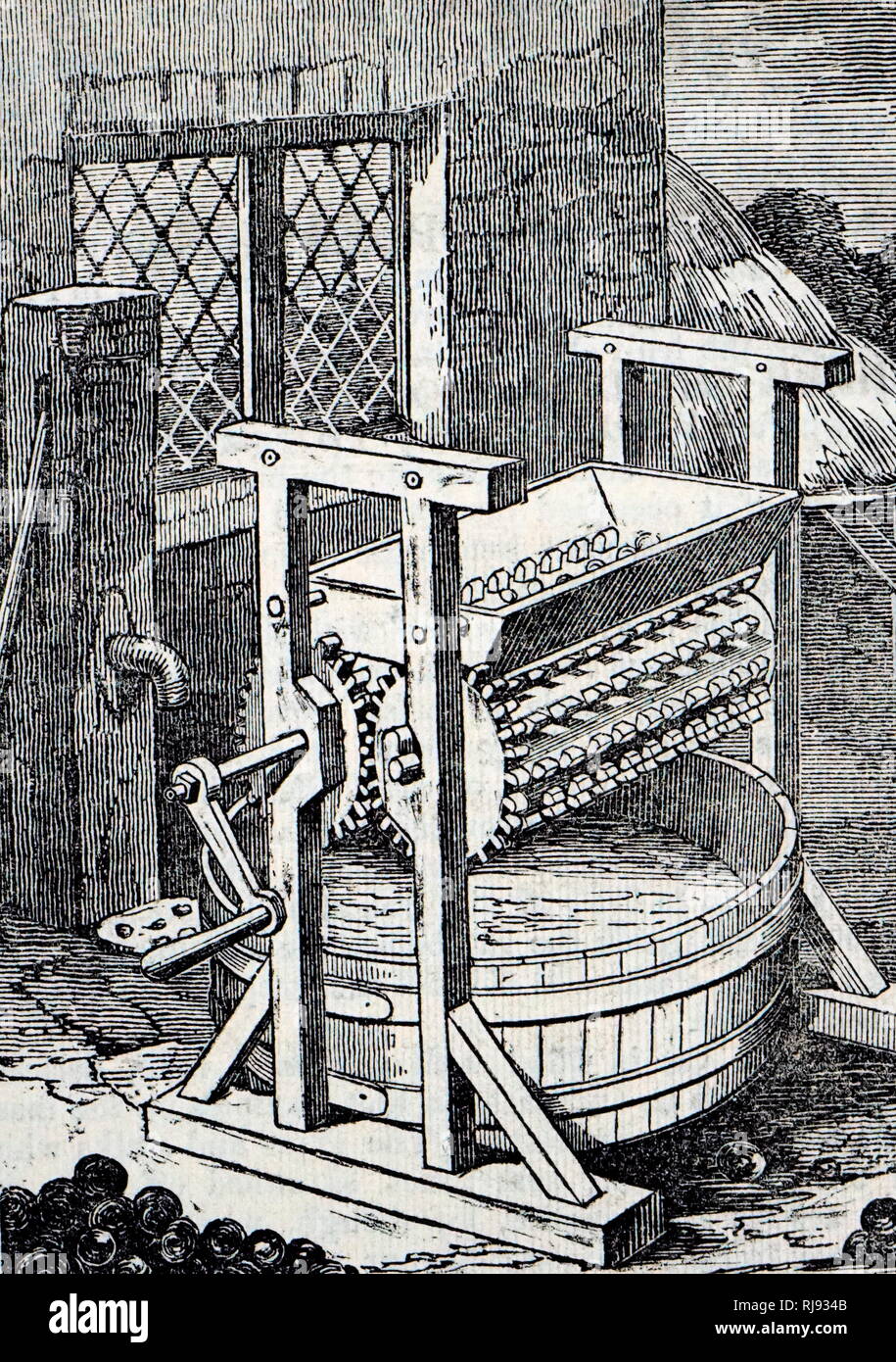 Une gravure représentant un type de cider mill utilisées en Irlande pour écraser les pommes pour la fabrication du cidre. En date du 19e siècle Banque D'Images