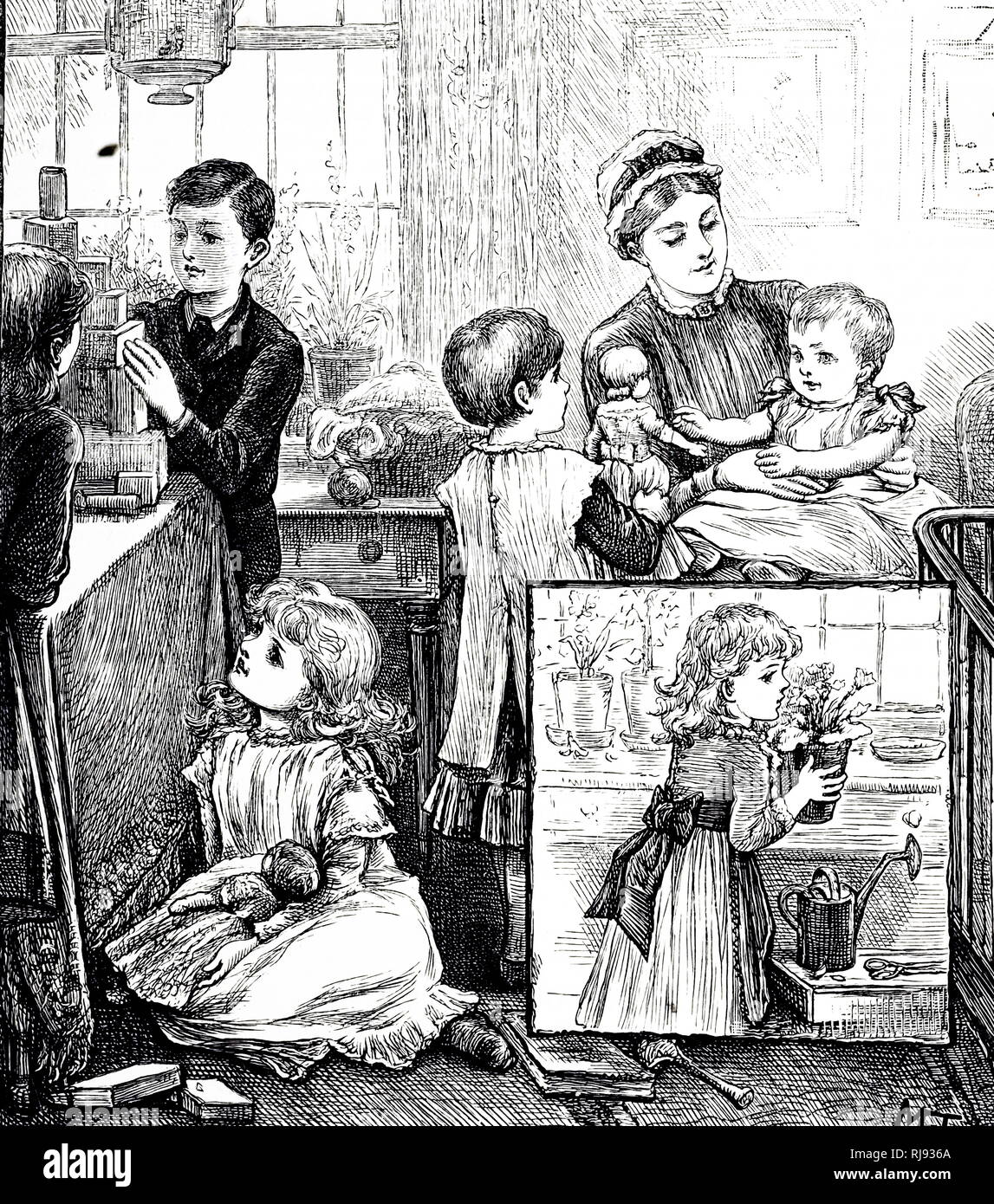 Une gravure représentant une scène ordinaire d'une riche famille de l'époque victorienne. Dans l'image principale, les enfants sont surveillés par leur nursemaid jouent avec des briques de bâtiment. Insérer l'image montre une petite fille met une plante en pot sur un rebord de fenêtre. L'Illustre Mary Ellen Edwards (1838-1934) un artiste anglais et prolifique d'illustrateur de livres pour enfants. En date du 19e siècle Banque D'Images