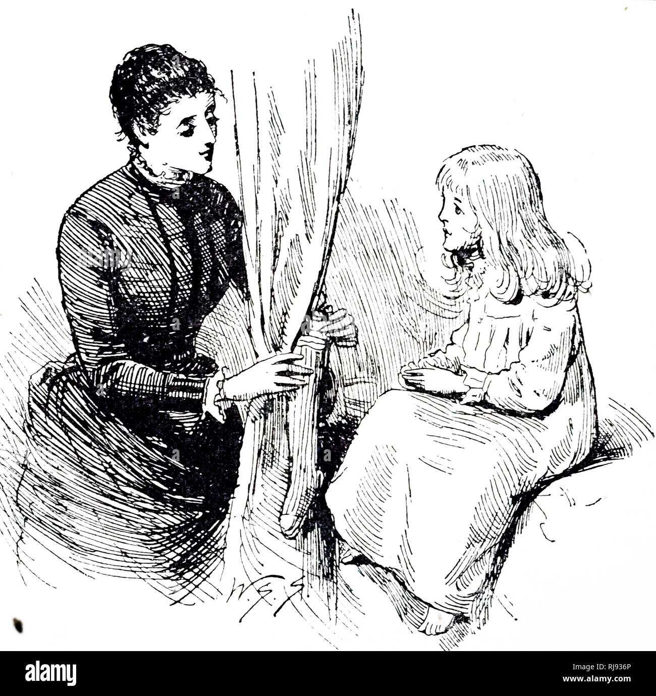 Une gravure représentant une femme aidant l'enfant de la chambre pour accrocher son bas de Noël. En date du 19e siècle Banque D'Images