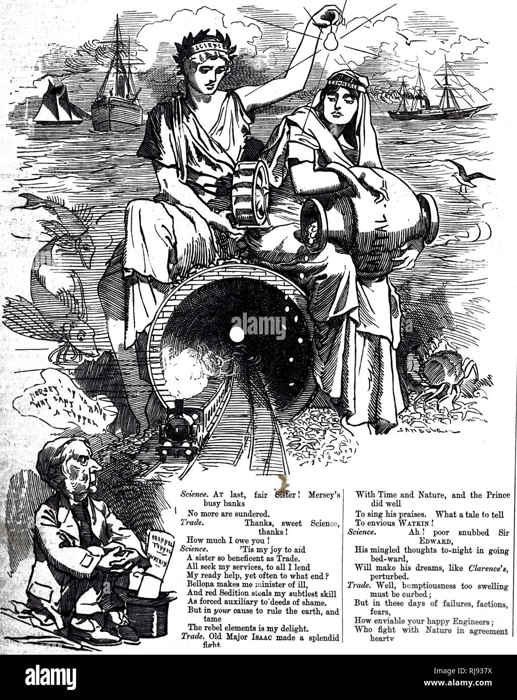 Un dessin animé commentant l'ouverture de la Mersey tunnels reliant Liverpool et Péninsule de Wirral. Linley Sambourne illustré par Edward (1844-1910), un dessinateur et illustrateur français. En date du 19e siècle Banque D'Images