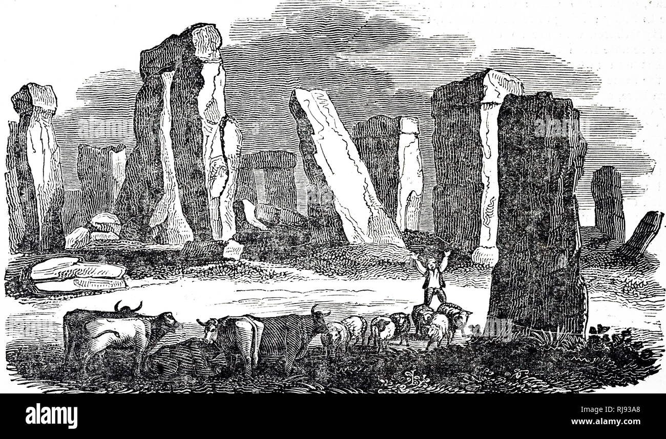 Une gravure représentant Stonehenge, un monument préhistorique dans le Wiltshire, Angleterre. En date du 19e siècle Banque D'Images