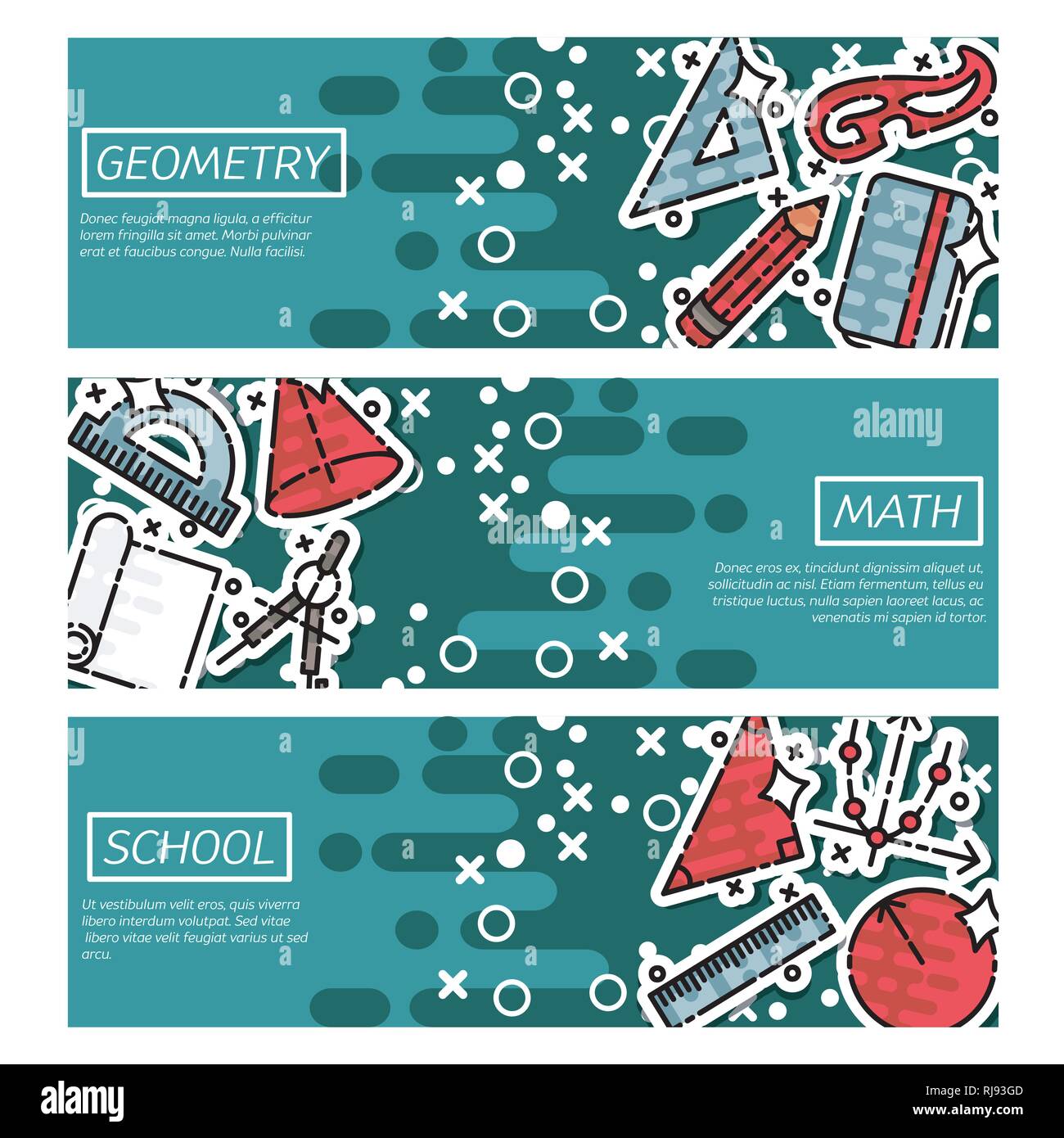 Ensemble de bannières horizontales sur la géométrie. L'éducation scientifique et l'ensemble des bannières. Concept design vectoriel. Illustration de Vecteur