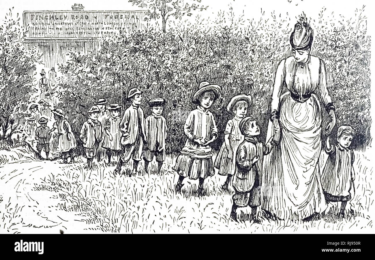 Une caricature montrant les enfants de l'East End de Londres en direction de Hampstead Heath pour une sortie. Illustré par George du Maurier (1834-1896), un caricaturiste franco-britannique et l'auteur. En date du 19e siècle Banque D'Images Une caricature montrant les enfants de l'East End de Londres en direction de Hampstead Heath pour une sortie. Illustré par George du Maurier (1834-1896), un caricaturiste franco-britannique et l'auteur. En date du 19e siècle Banque D'Images