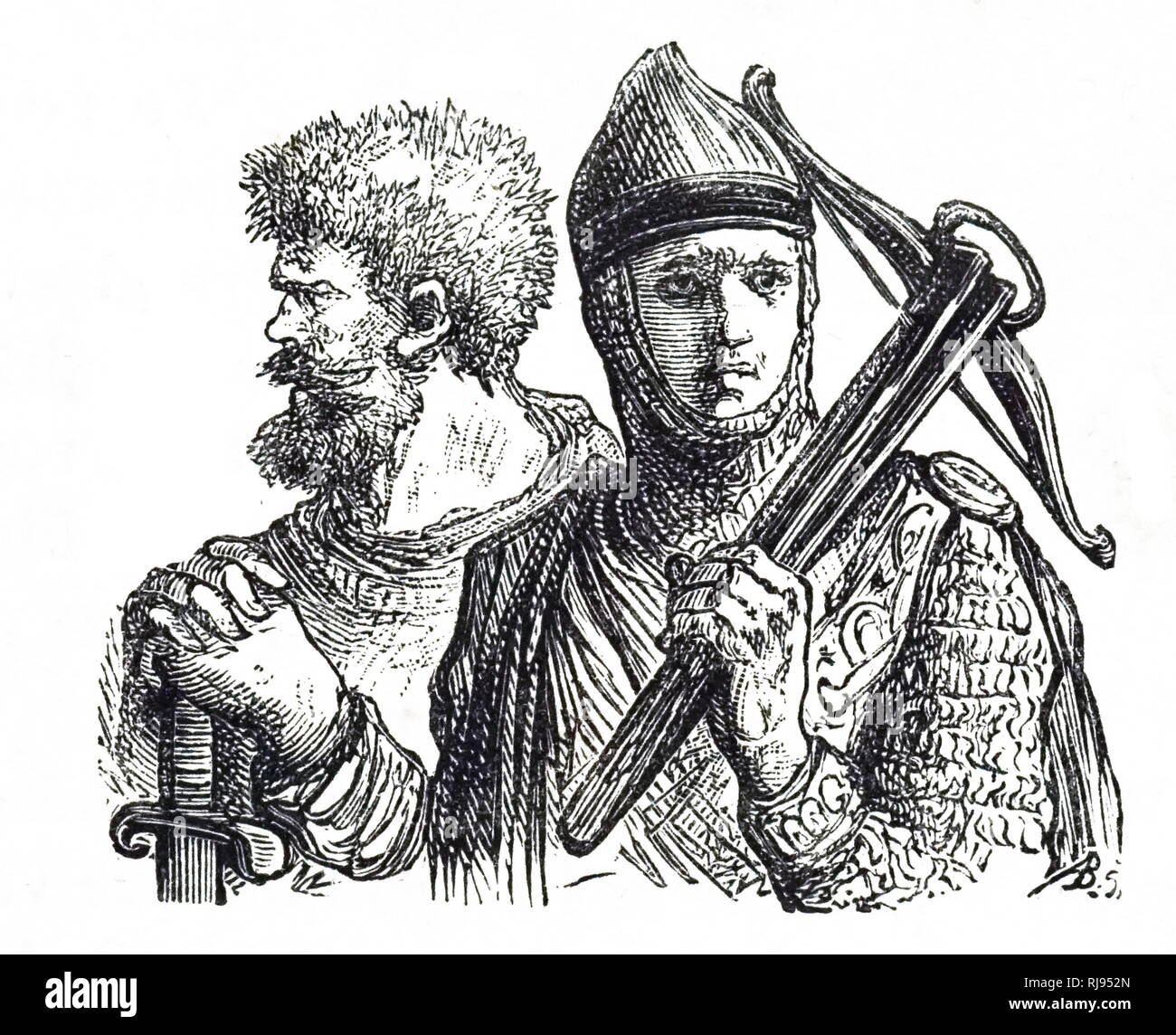 Une gravure représentant un soldat tenant une arbalète. De l'arbalète est un type d'arme variait en fonction de l'arc et composé d'un arc horizontal-comme monté sur un châssis de l'ordinateur de poche. En date du 19e siècle Banque D'Images