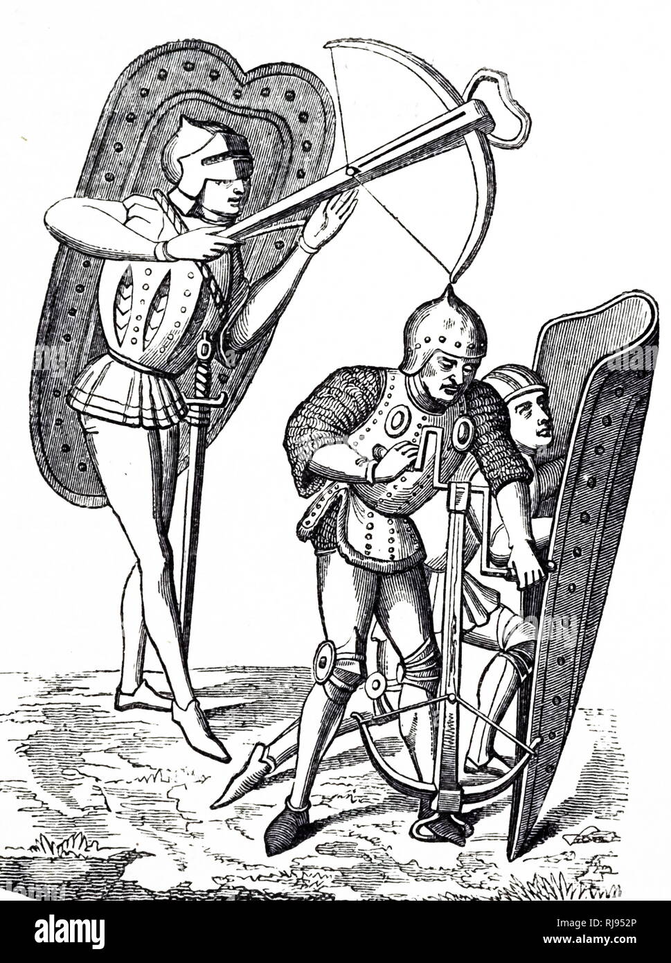 Une gravure représentant d'arbalétriers - après une miniature du 15e siècle. Le Bowman dans l'avant recharge son arc derrière la protection de son bouclier. En date du 19e siècle Banque D'Images