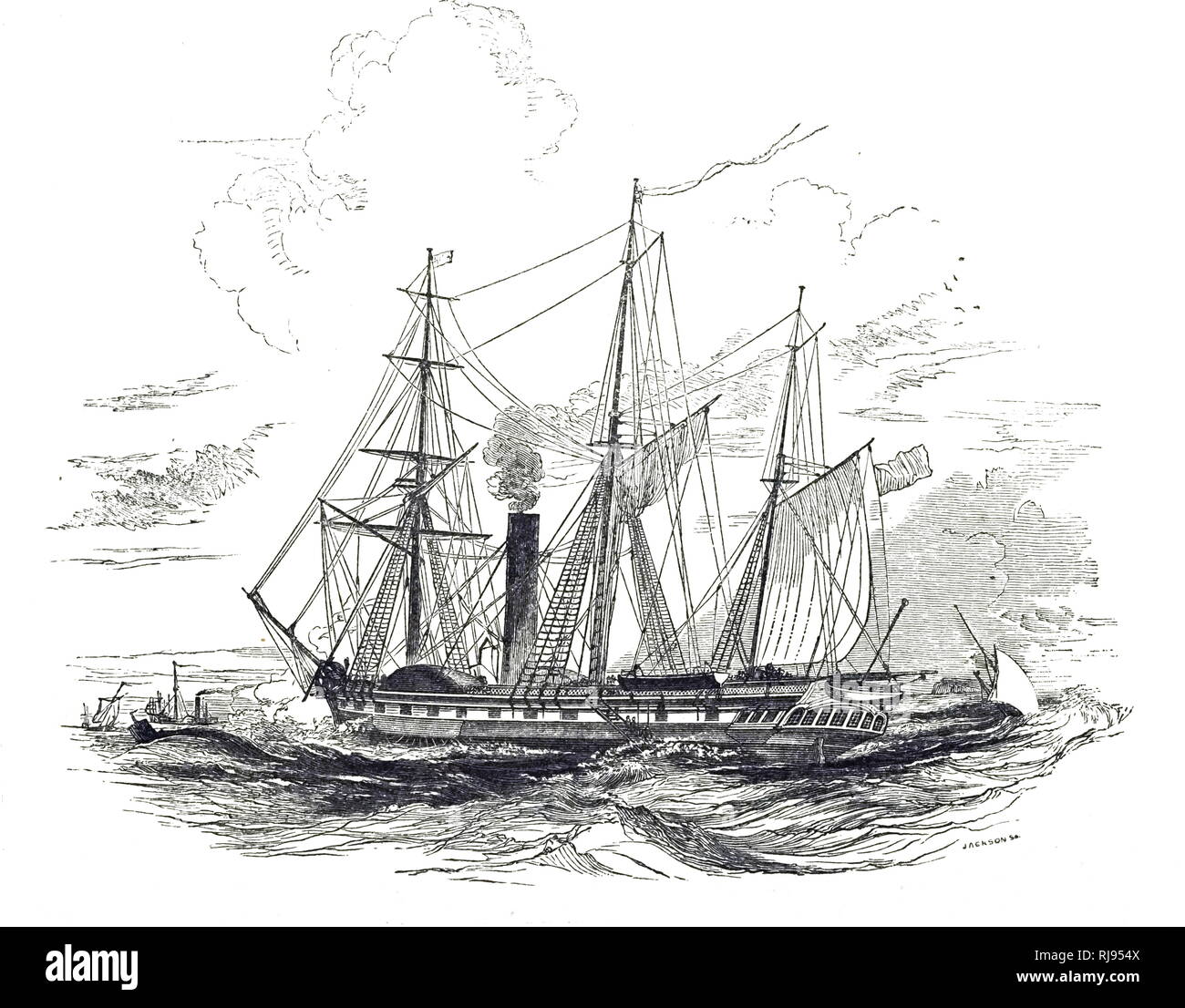 Une gravure représentant un petit bateau à aubes de descendre la Tamise. En date du 19e siècle Banque D'Images