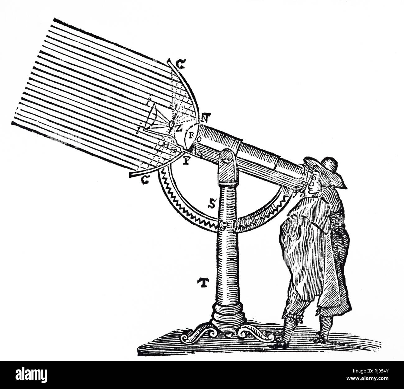 Une gravure représentant René Descartes' microscope composé avec miroir pour la lumière réfléchie et le condenseur pour lumière transmise. René Descartes (1596-1650) philosophe, mathématicien et scientifique. En date du 17e siècle Banque D'Images