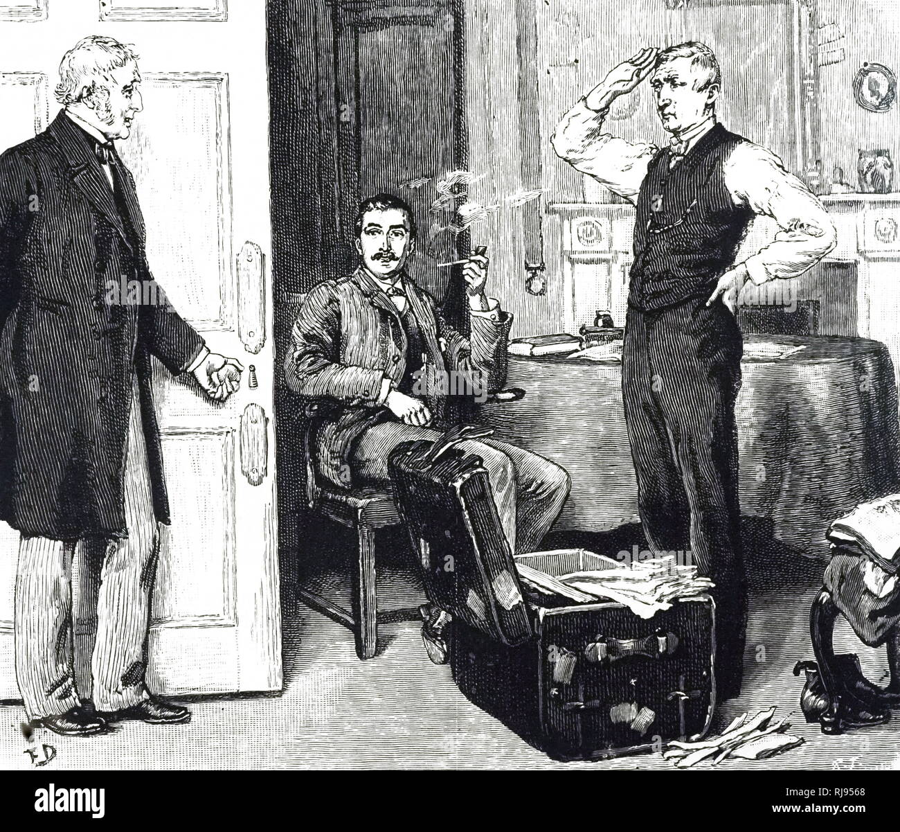 Une gravure représentant un serviteur dans le processus de l'emballage, son employeur à tronc. Illustré par Frank Dadd (1851-1929) un peintre britannique. En date du 19e siècle Banque D'Images