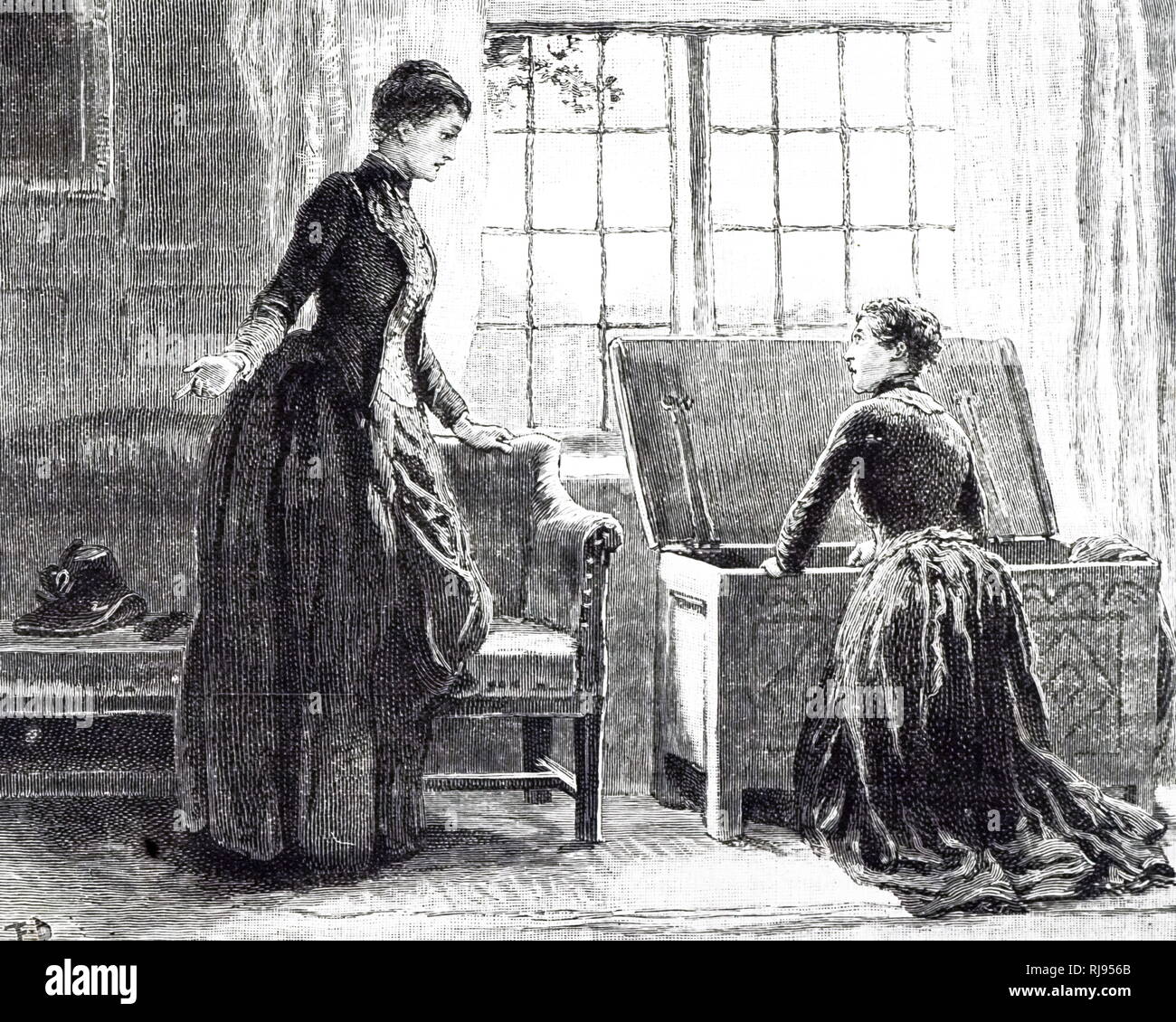 Une gravure représentant une femme de ménage dans le processus de l'emballage, son employeur à tronc. Illustré par Frank Dadd (1851-1929) un peintre britannique. En date du 19e siècle Banque D'Images