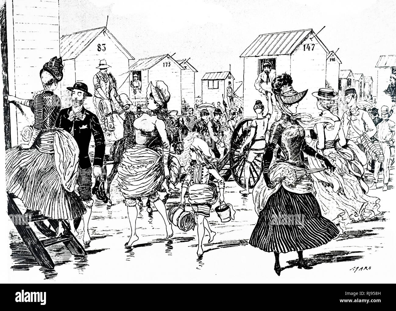Une gravure représentant une scène sur la plage d'Ostende sur la côte belge. En date du 19e siècle Banque D'Images