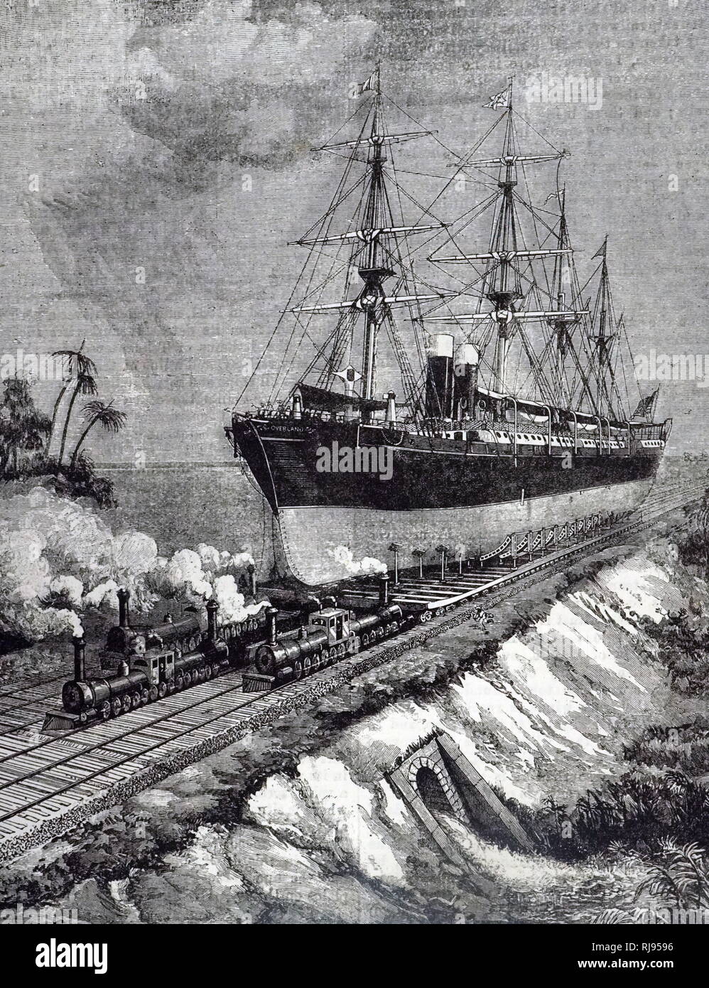 Une gravure représentant James Buchanan régime d'Eads pour un chemin de fer pour attirer les navires sur l'Isthme de Tehuantepec, Mexique, de relier l'Atlantique et du Pacifique. James Buchanan Eads (1820-1887) un ingénieur civil américain et inventeur. En date du 19e siècle Banque D'Images