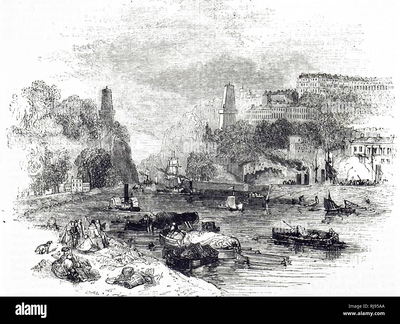 Une gravure représentant un aperçu de Bristol Clifton Bridge il montrant avec seulement les piliers construits. En date du 19e siècle Banque D'Images