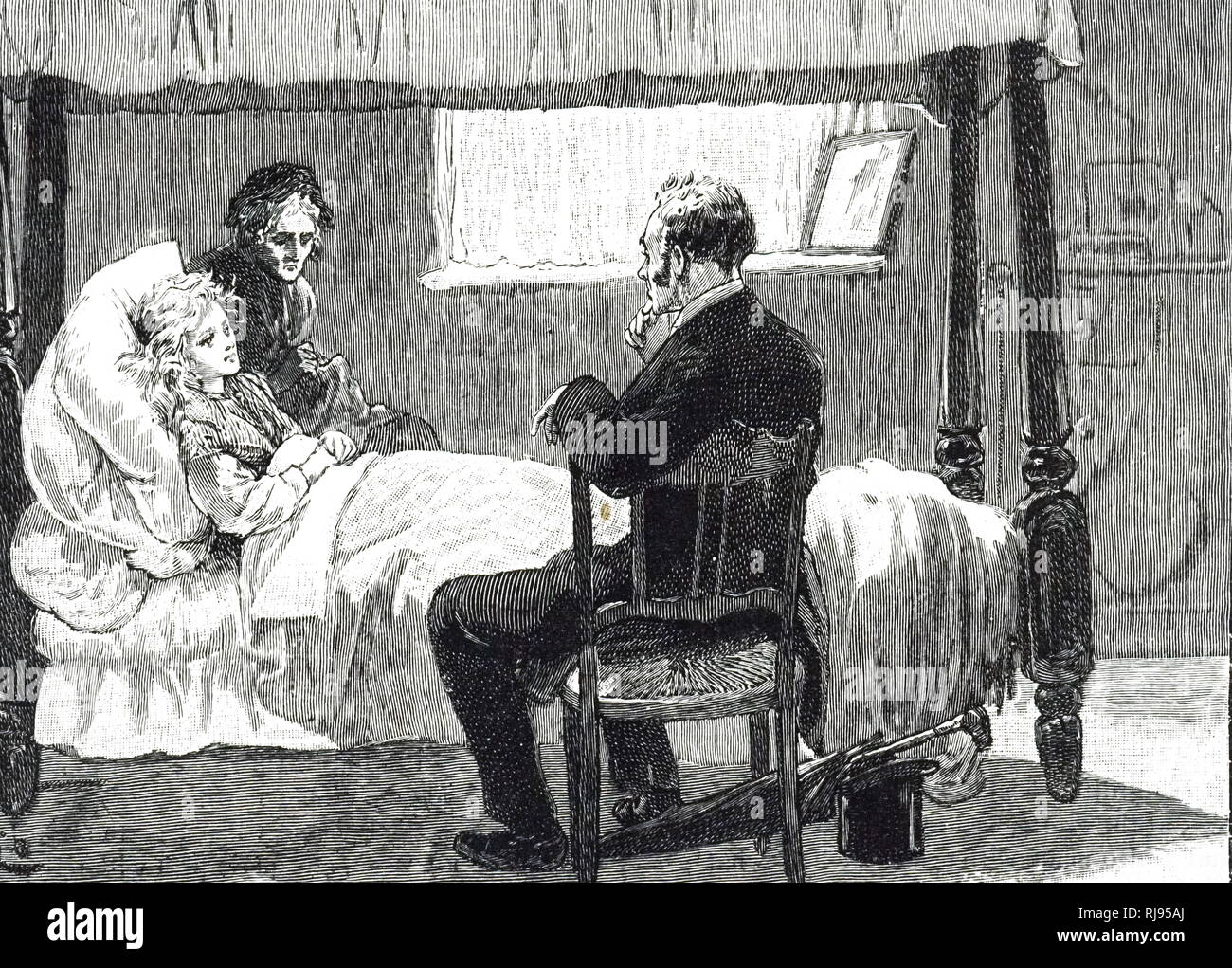 Une gravure représentant une femme malade, plus probablement atteints de la consommation, le repos au lit. En date du 19e siècle Banque D'Images