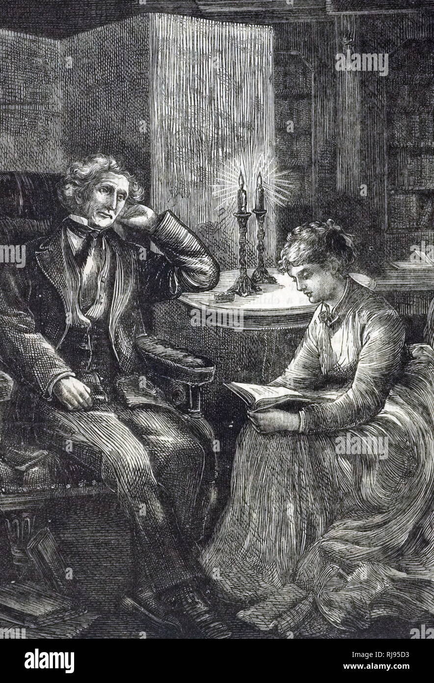 Une gravure représentant une fille à son père la lecture à la chandelle. En date du 19e siècle Banque D'Images