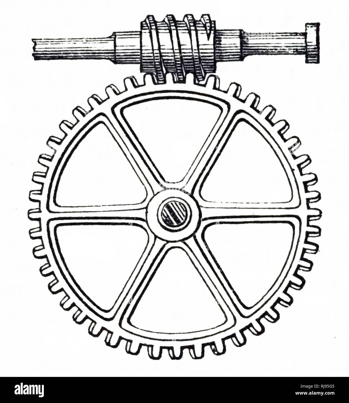 Une gravure illustrant une vis sans fin et roue dentée. En date du 19e siècle Banque D'Images