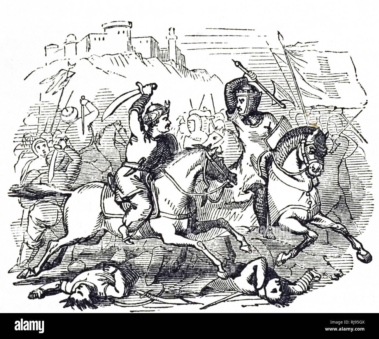 Une gravure représentant un croisé et un infidèle engagée au combat. En date du 19e siècle Banque D'Images