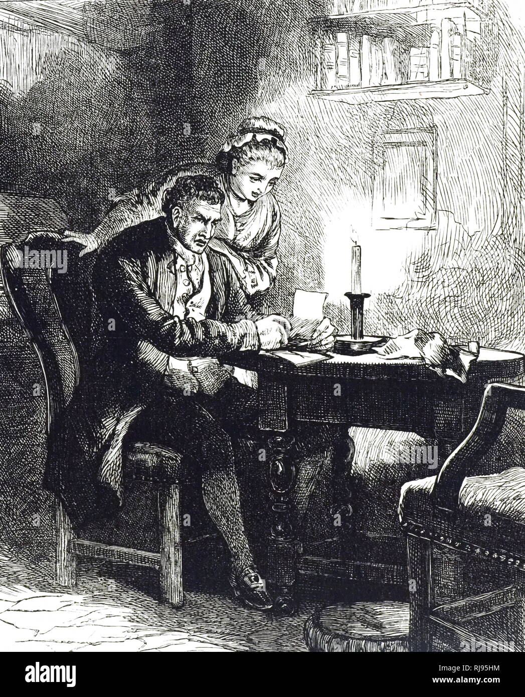 Une gravure représentant une scène de la lecture d'une lettre à la chandelle. En date du 19e siècle Banque D'Images