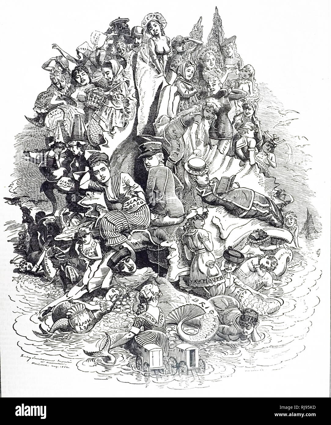 Un dessin animé commentant la stations balnéaires, chaque donne de l'importance qu'il a obtenu par le nombre de visiteurs qu'il a attiré. Linley Sambourne illustré par Edward (1844-1910), un dessinateur et illustrateur français. En date du 19e siècle Banque D'Images