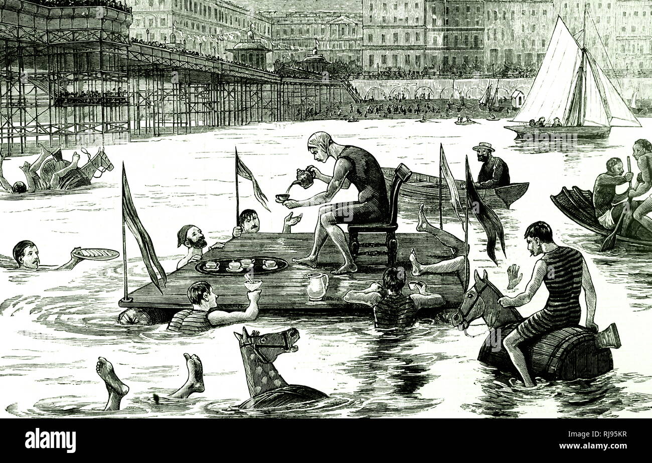 Une caricature représentant une partie de thé aquatiques près de la jetée de Brighton. En date du 19e siècle Banque D'Images