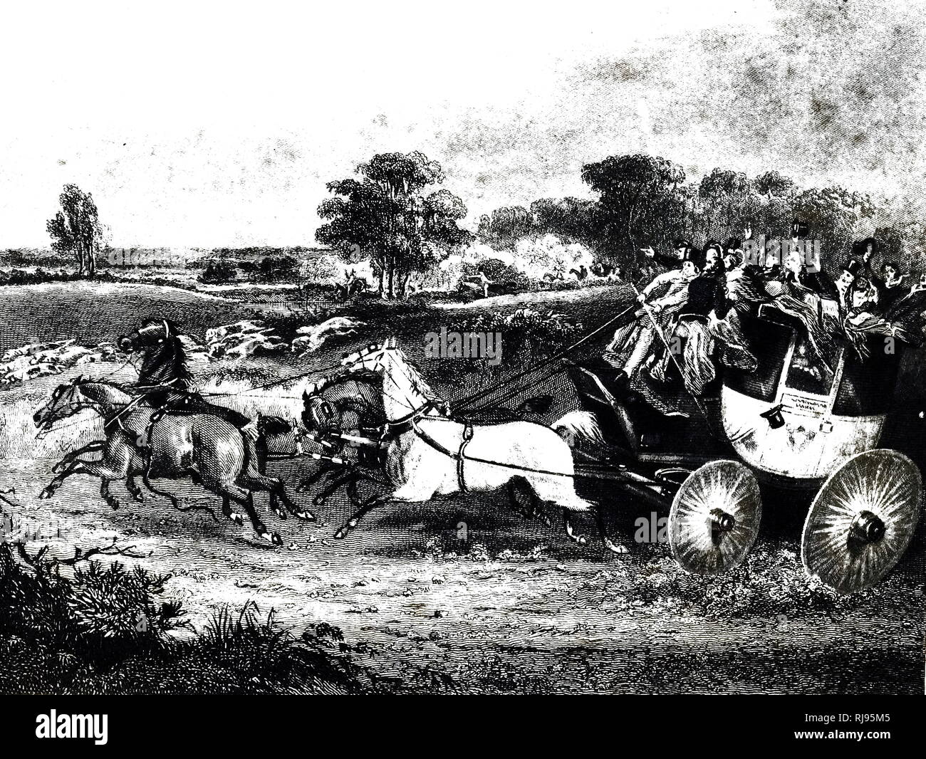 Illustration d'un fugueur stage coach avec passagers terrifiés, comme une meute de chiens de chasse passe à proximité. Anglais ; 1860 Banque D'Images