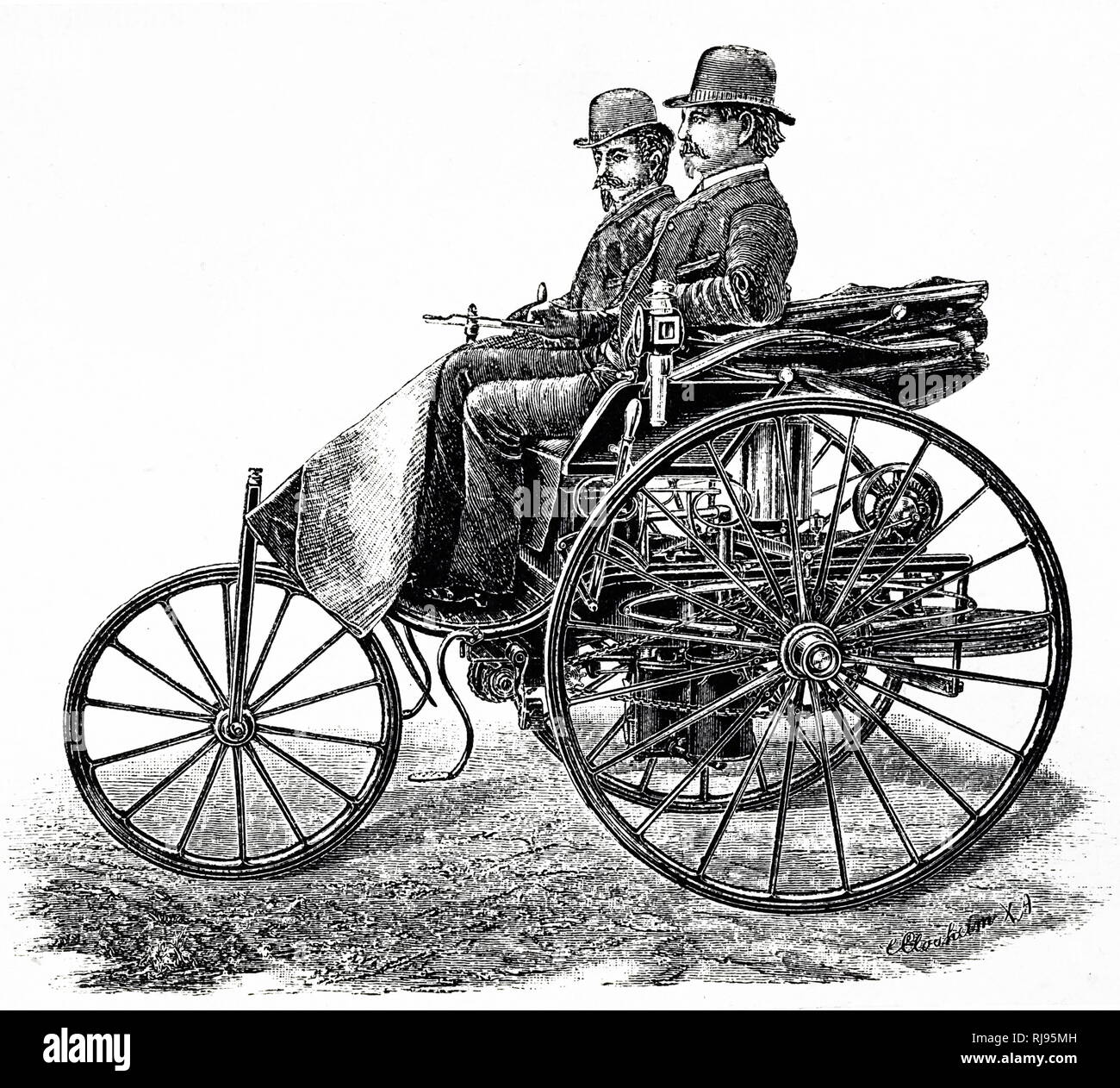 Illustration de Karl Benz, Benz Patent-Motorwagen la conduite, construit en 1885, le premier véhicule de production automobile,(), propulsé par un moteur à combustion interne. Benz a dévoilé son invention au public le 3 juillet 1886, sur la Ringstrasse, à Mannheim. Banque D'Images
