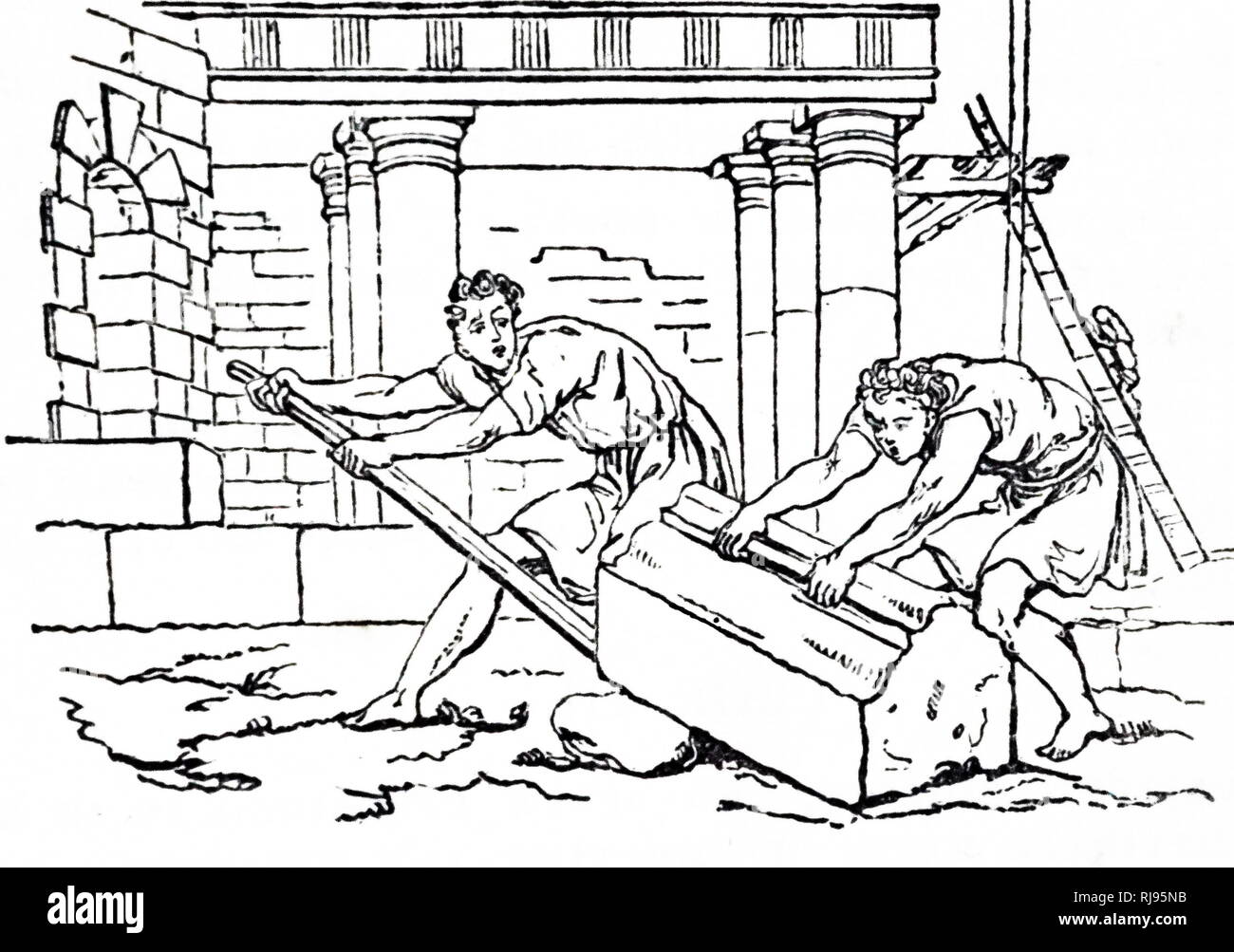Illustration montrant deux constructeurs s'appuyant sur une grosse pierre sur un chantier de construction. Angleterre 1836 Banque D'Images