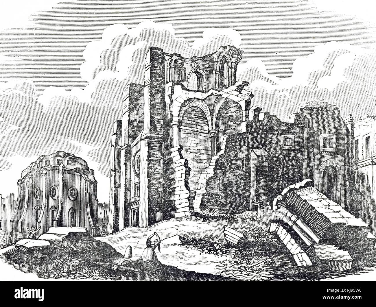 Une gravure représentant les ruines du couvent de Carmo détruit dans le tremblement de terre de 1755. En date du 19e siècle Banque D'Images