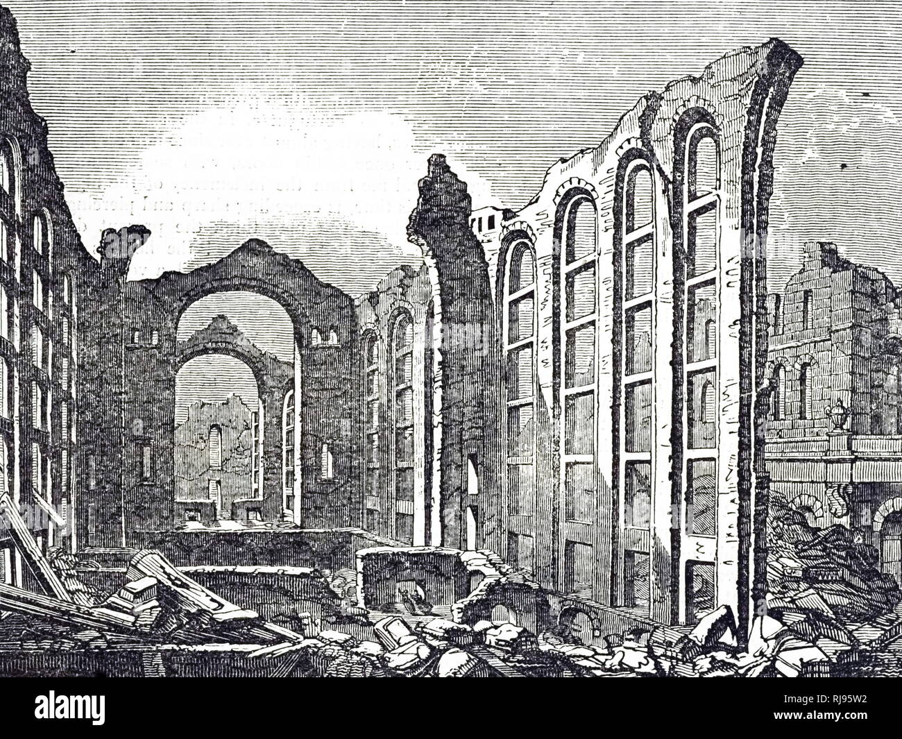 Une gravure représentant les ruines de l'Opéra de Lisbonne détruit dans le tremblement de terre de 1755. En date du 18e siècle Banque D'Images