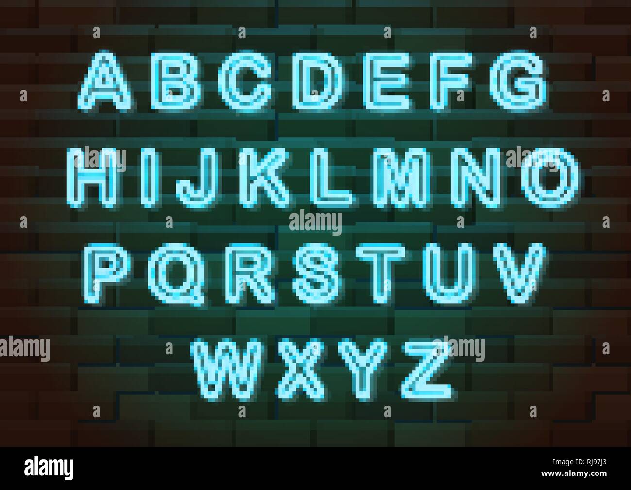 Lettres de néon lumineux alphabet anglais vector illustration sur fond brique Illustration de Vecteur
