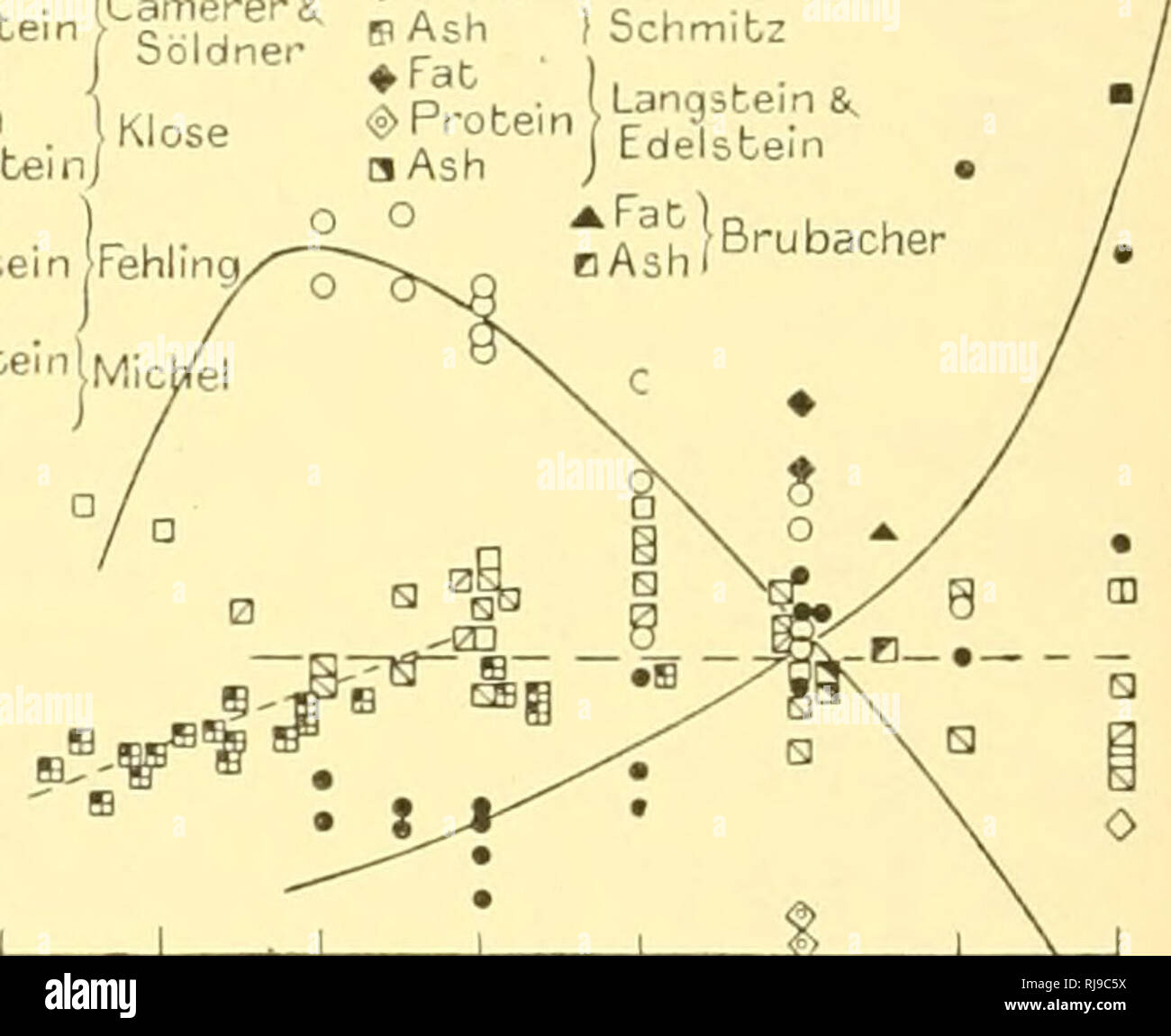 . L'embryologie chimique. L'embryologie. 914 métabolisme général [PT. ^malades ,000 â ¢ 0 ex Fat Glucides Protéines Â®- Â°/ y* -3000 - V o^ Â° V y"^ y. Â° .r-'V^ -2000 - .&gt;K&gt;jW^ tnoo .1 . 1 1 1 1 1 1 1 1 1 1 1 1 1 1 2 jour mfims gms3 - Â"5 Fig. 244. Les glucides, protéines, graisses vu la relève dans ces courbes constitution explique Murray selon laquelle la valeur calorifique des tissus embryonnaires, augmente avec l'âge (voir p. 947). Avant de quitter le tableau 108, quelques faits intéressants qui se dégagent de la valeurs des trois dernières colonnes peut être brièvement mentionné. Le colonel 13 donne les matières inorganiques Banque D'Images