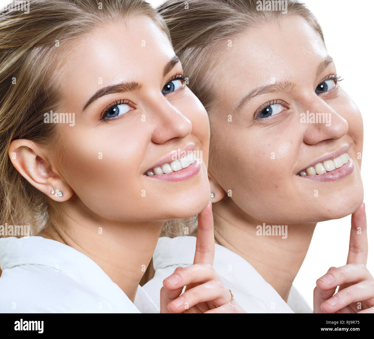 Jeune femme avant et après maquillage sur visage. Banque D'Images