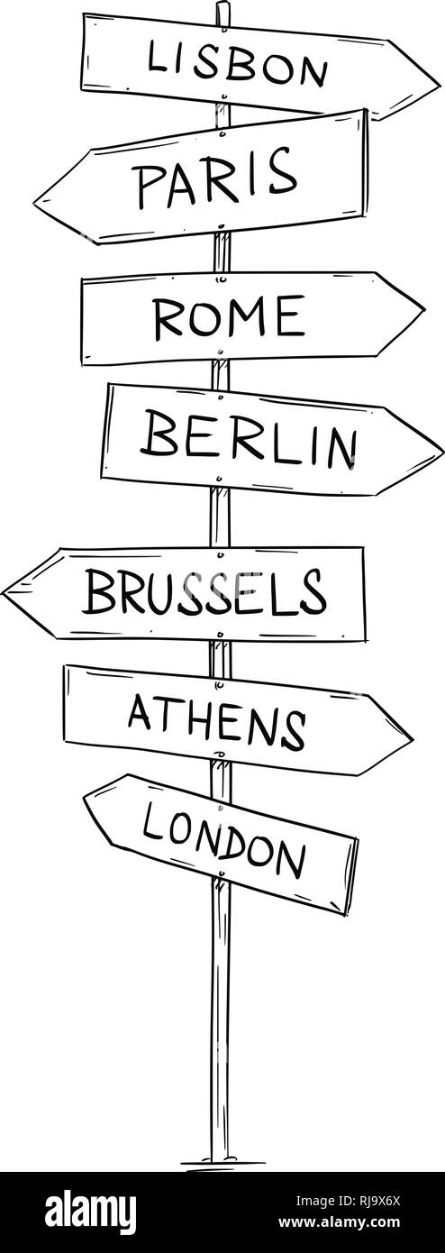 Dimensions de l'ancienne route en bois Flèches de signer avec des villes d'Europe occidentale Illustration de Vecteur