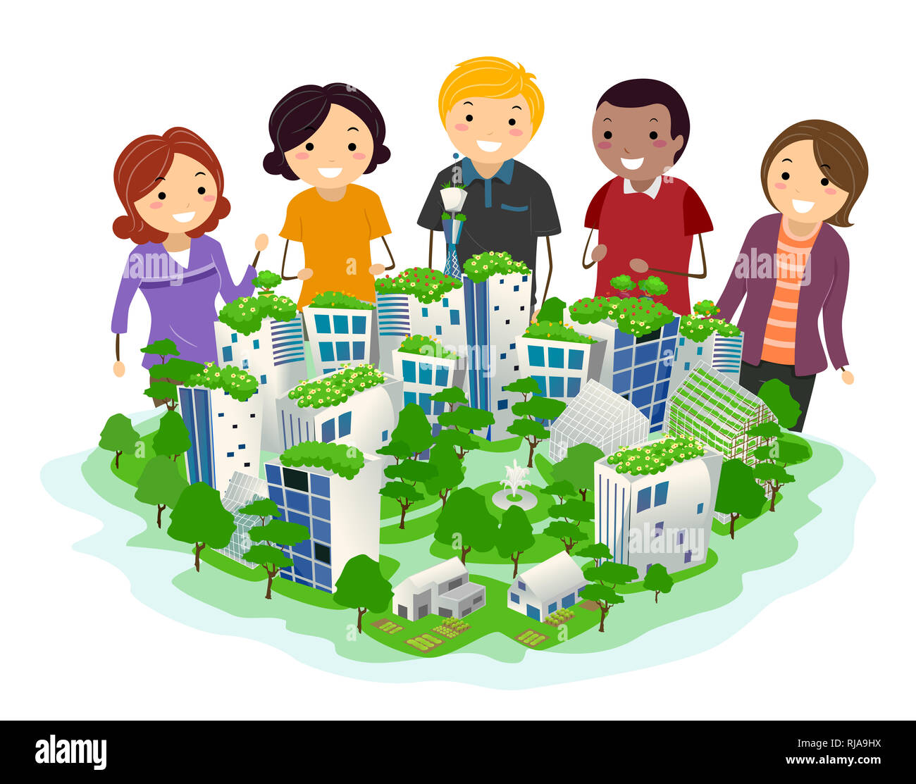 Illustration de personnes regardant une miniature d'une communauté verte avec des arbres et des plantes dans la ville Banque D'Images