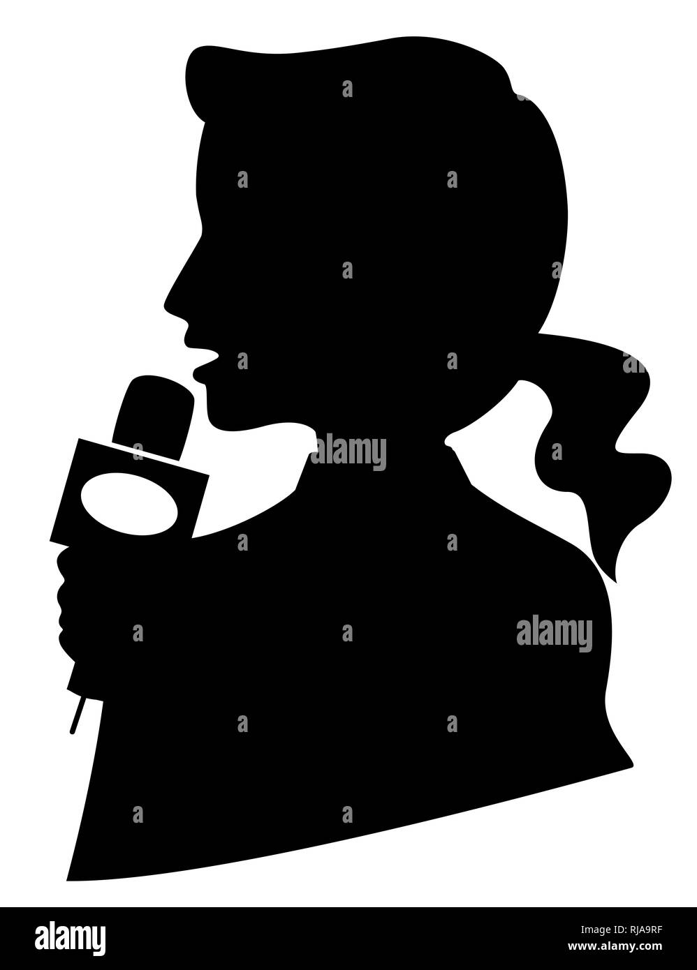 Illustration d'une silhouette de fille tenant un microphone et de parler. Journaliste Banque D'Images