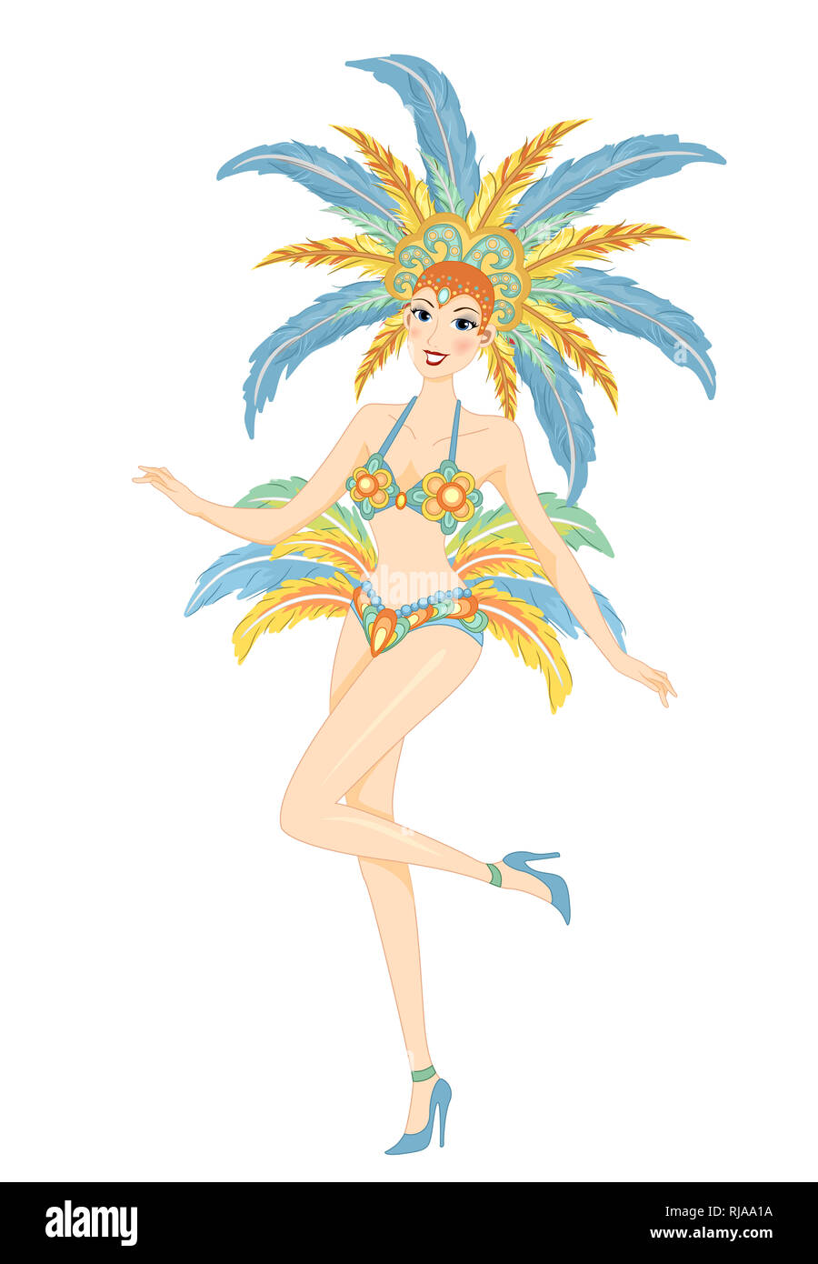 Illustration d'une jeune fille portant des vêtements avec des plumes et Samba Dancing Banque D'Images