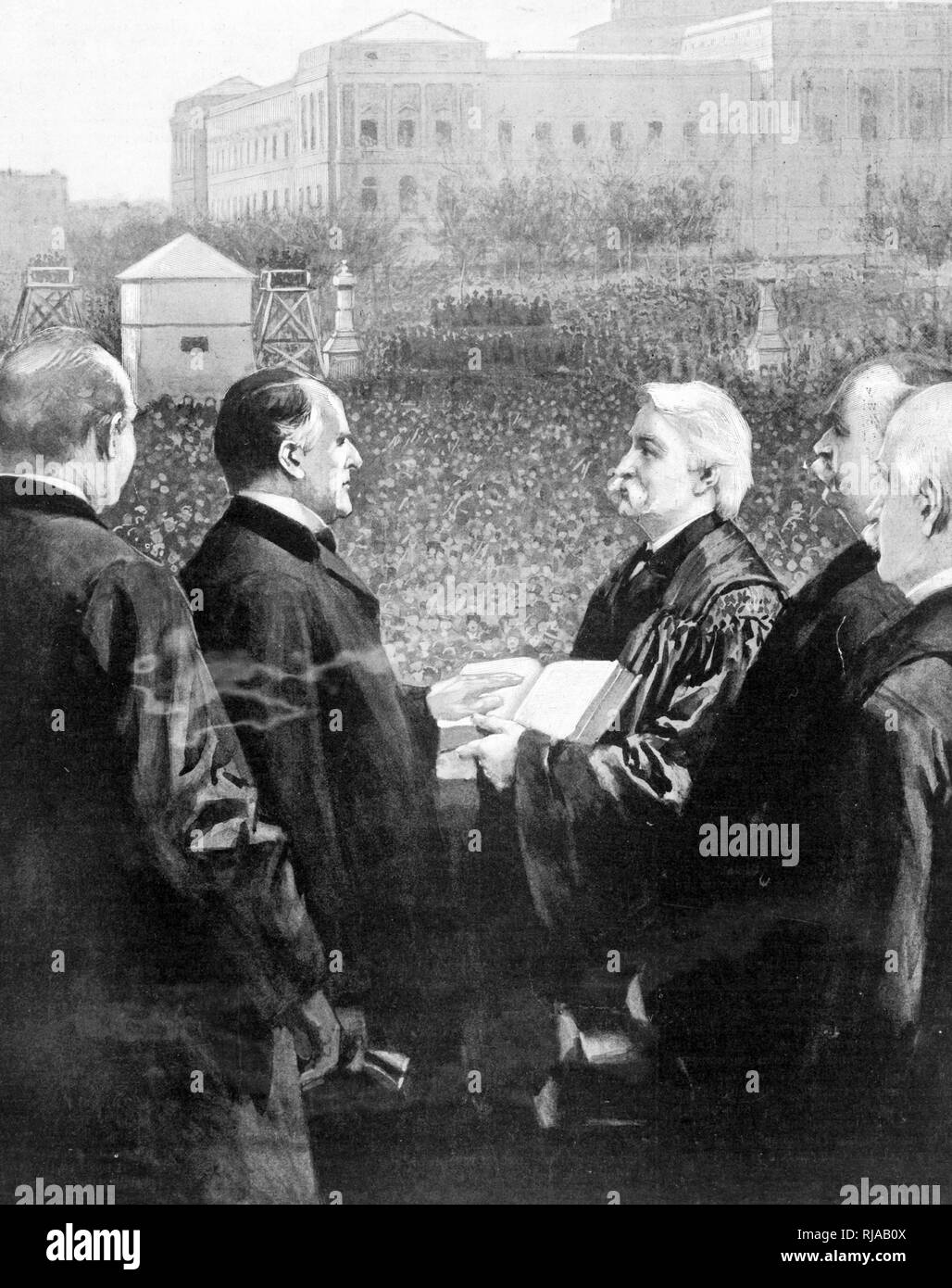 Illustration gravée du 1897 Inauguration du Président William McKinley. Le juge en chef Fuller administrer le serment Banque D'Images